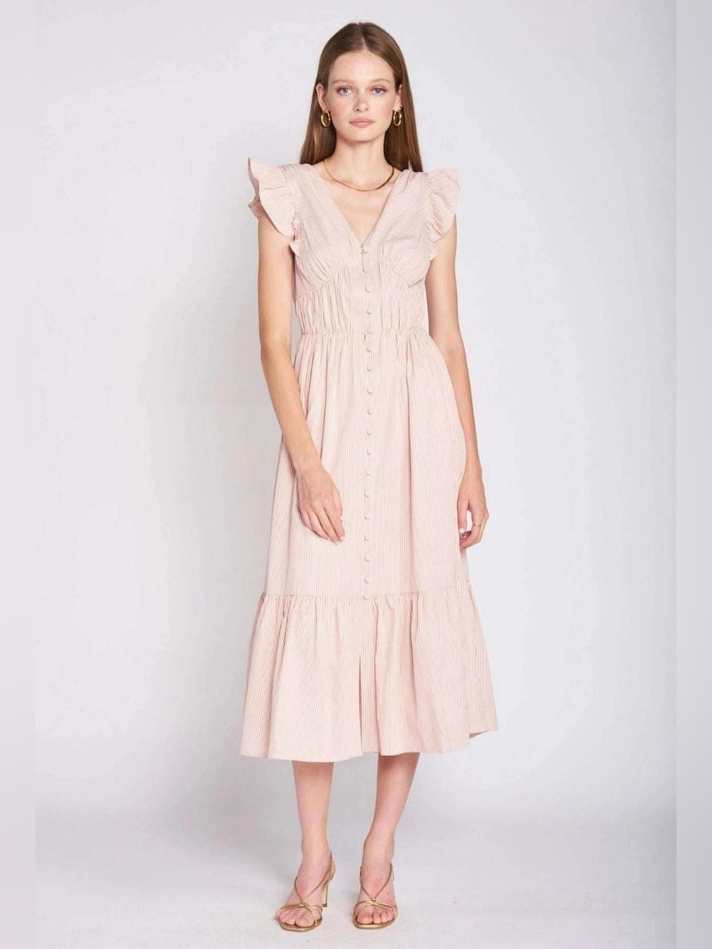EN SAISON IDA Sleeveless Striped Midi Dress Coral Tie Back Pink White Large